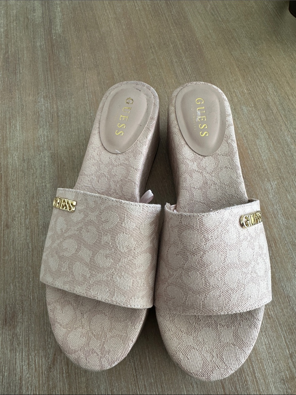 GUESS Blush Pink Jacquard Slide Mules with Gold Logo